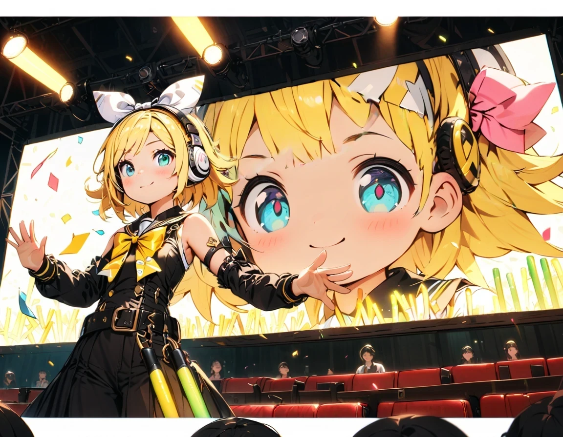 KAGAMINE RIN\(vocaloid\),solo,1female\(cute,kawaii,age of 10,KAGAMINE RIN\(vocaloid\),light yellow hair, short hair,red tattoo of numbers"02" on shoulder,(big white bow),sleeveless white shirt,detached black arm bell sleeves,(arm sleeves are black bell sleeves:1.2),belt,sailor collar,yellow wide tie,white headphones,black short pants,black knee high leg warmers,yellow key strap at belt,open shoulder,singing and dancing,(very cute pose:1.5),(korean idol pose:1.5),dynamic pose,(cute big smile),(full body),looking away\), BREAK ,background\((live stage),colorful confetti,pastel color spotlights,(many colorful music notes),(many audience waving yellow glow sticks at audience seats:1.3),\), BREAK ,quality\(8k,wallpaper of extremely detailed CG unit, ​masterpiece,hight resolution,top-quality,top-quality real texture skin,hyper realisitic,increase the resolution,RAW photos,best qualtiy,highly detailed,the wallpaper,cinematic lighting,ray trace,golden ratio\),RIN is so so cute,dynamic angle,long shot,wide shot,(aerial view:0.3)