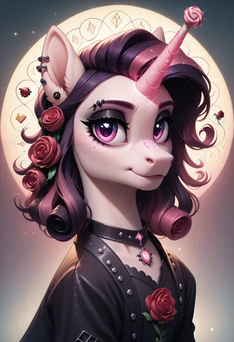 score_9,score_8_up,score_7_up,score_6_up, cute rose unicorn, goth fashion, glowing backlight, candy, pink scene, glitter, whimsi...