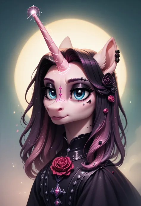 score_9,score_8_up,score_7_up,score_6_up, cute rose unicorn, goth fashion, glowing backlight, candy, pink scene, glitter, whimsi...