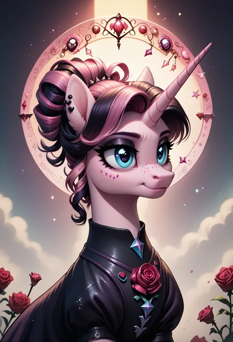 score_9,score_8_up,score_7_up,score_6_up, cute rose unicorn, goth fashion, glowing backlight, candy, pink scene, glitter, whimsi...