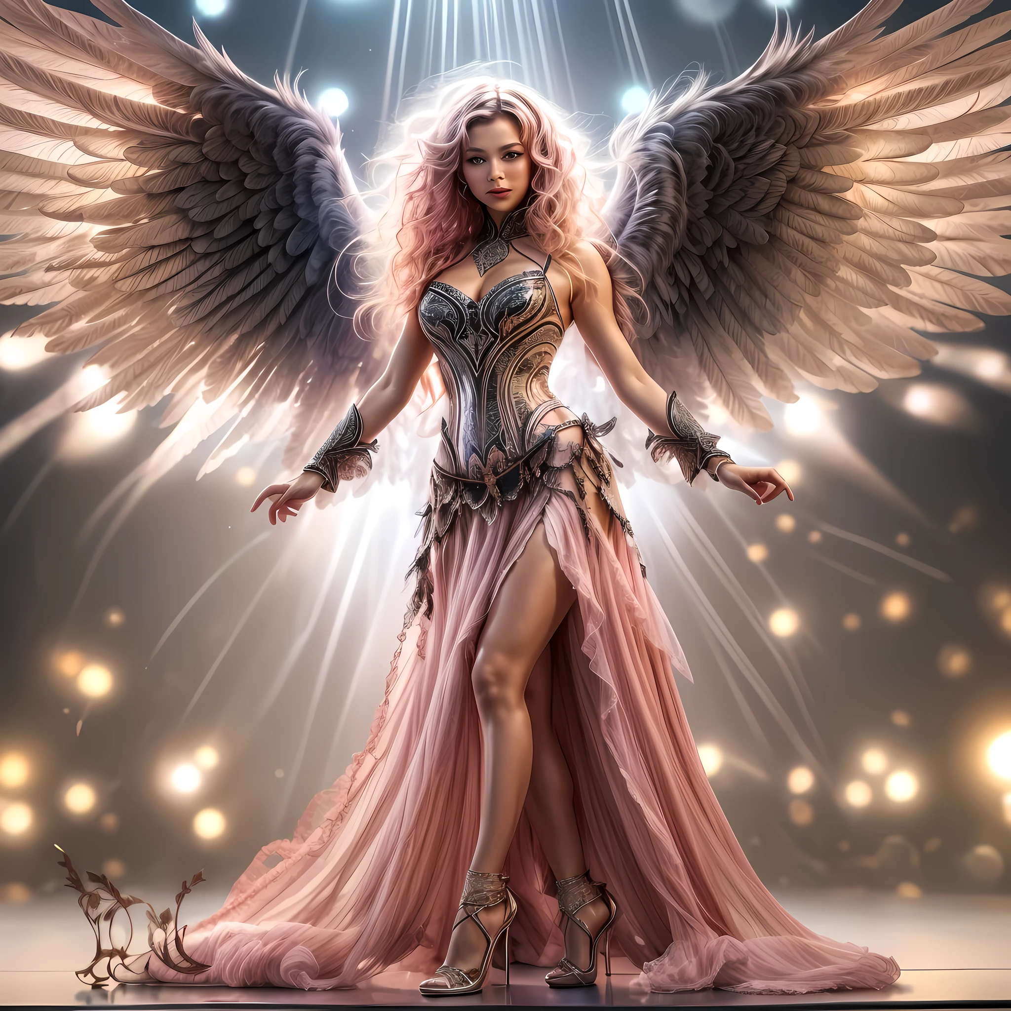 arafed, a picture of an angel rock star on stage, the angel, an exquisite beautiful female angel, dynamic hair style, dynamic hir color, wears a (pink: 1.3) intricate dress, (black: 1.2) high heels, her angelic wings are spread and has many lights shining on the, rock star, rock concert stage background best quality, 16k, [ultra detailed], masterpiece, best quality, (ultra detailed), full body, ultra wide shot, photorealism, armored dress, LightningMagicAI, feathered wings
