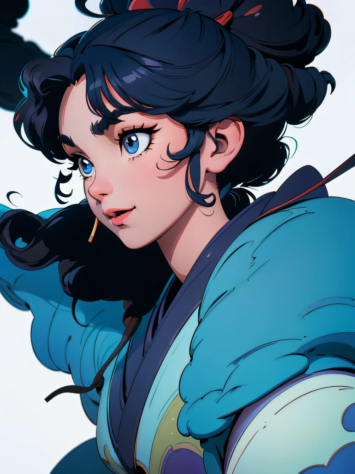 Black Hair, Japanese cartoons, Ghibli, Japanese cartoons style, close up, from the side, First-person perspective, 8k, Super Detail, masterpiece,Super Detail, high quality, high resolution, High Detail, White background, facial details, happiness, curls, blue eyes