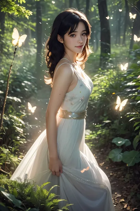 (masterpiece), manga style, soft lights, ethereal, magical looking, a candid looking woman with soft curly black hair, brown eyes, forest, fairytale, full body, tiny butterflies, illustration, magical, light particles, fireflies, art by Mschiffer merged wi...