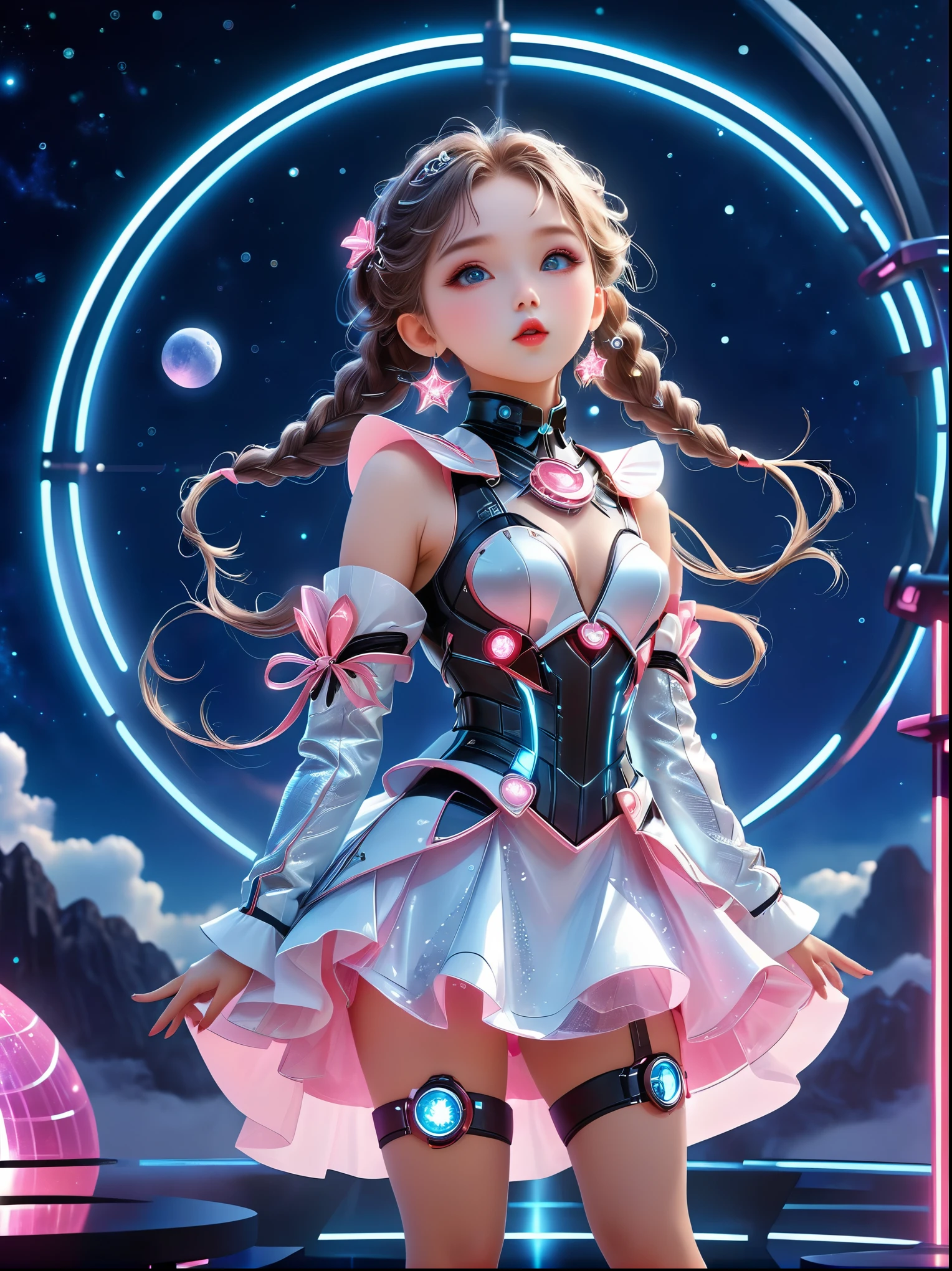 (Vision:1.8), (whole body:1.3), A beautiful young female idol, Wearing futuristic costumes, (Singing on the idol stage:1.6), futuristic stage, (complex stage design:1.3), (Mechanical stage elements:1.5), Dreamy atmosphere, Starry sky background, (Moon craters background:1.5), shining lights, Neon embellished, (Watch idol performances from a distance:1.6), (Stage scene in telescope:1.5)