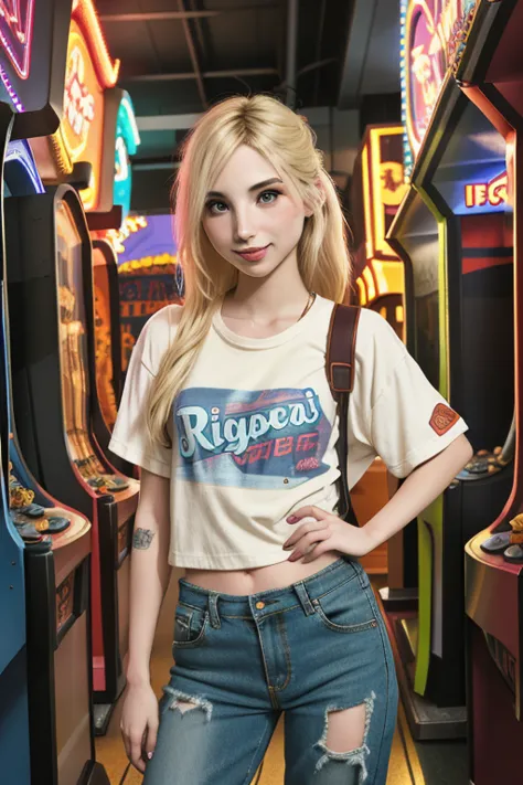 piperperri ((wide angle)) ((movie poster)), ((wearing casual grunge clothes)) ((at an arcade)), ((looking at camera)), big smile...