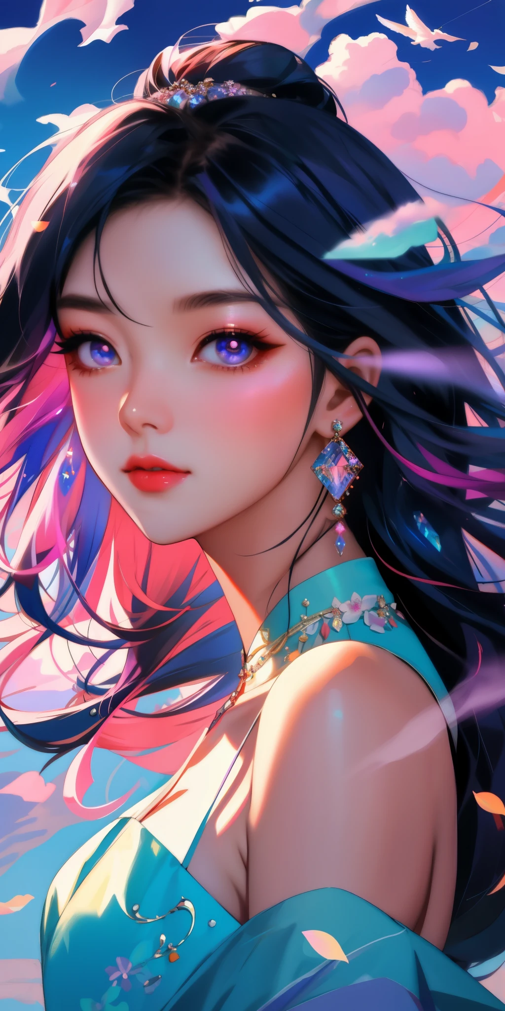 Asian woman, close-up face, beautiful dress, bare shoulders, soaring female figure made of ribbons, smoke, in the sky, colorful and bright, mystical colors, modern impressionism, portraiture by Yanjun Cheng, iridescent painting, 3/4 perspective view, cute face, low angle, wide swirling composition, big beautiful crystal eyes, big iris, UHD, HDR, 8K, (Masterpiece: 1. 5), (the most beautiful portrait in the world:  1,5)