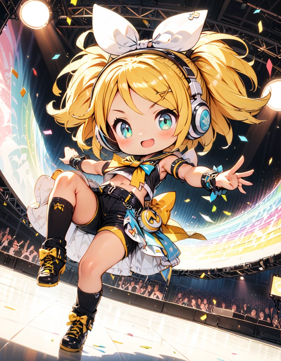 KAGAMINE RIN\(vocaloid\),solo,1female\(cute,kawaii,age of 10,KAGAMINE RIN\(vocaloid\),light yellow hair, short hair,red tattoo of numbers"02" on shoulder,(big white bow),sleeveless white shirt,detached black arm bell sleeves,(arm sleeves are black bell sleeves:1.2),belt,sailor collar,yellow wide tie,white headphones,black short pants,black knee high leg warmers,yellow key strap at belt,open shoulder,singing and dancing,(very cute pose:1.5),(korean idol pose:1.5),dynamic pose,(cute big smile),(full body),looking away\), BREAK ,background\((live stage),colorful confetti,pastel color spotlights,(many colorful music notes),(many audience waving yellow glow sticks at audience seats:1.3),\), BREAK ,quality\(8k,wallpaper of extremely detailed CG unit, ​masterpiece,hight resolution,top-quality,top-quality real texture skin,hyper realisitic,increase the resolution,RAW photos,best qualtiy,highly detailed,the wallpaper,cinematic lighting,ray trace,golden ratio\),RIN is so so cute,dynamic angle,long shot,wide shot,(aerial view:0.3)