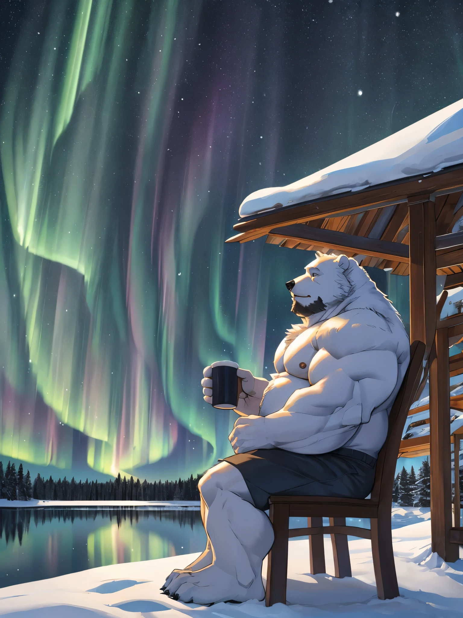 enorme musculoso y gordo sentado en una silla de madera y disfrutando de un café caliente, Gran panza, nieve, barbas largas, anciano, (furry oso polar) Pelaje blanco, teras rumah, sin camisa, top-less, Oso blanco, oso polar, lago, sin camisa, bermudas, Noche, Aurora boreal, Vista lateral