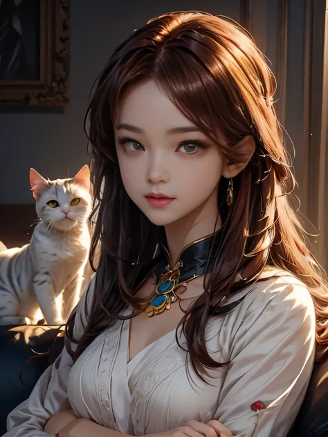 (Best Quality, 8K, Masterpiece, HDR, Soft Lighting, Picture Perfect, Realistic, Vivid) anime - style woman with red hair and cat...