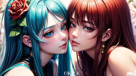 There is a close up of 2 kissing females,  they hugging each other and passionaly kissing in the rose garden, (ultra high quality fantasy art, dafk fantasy style, masterpiece, ultra highquality character design, 8k quality anime art, realistic anime art, t...