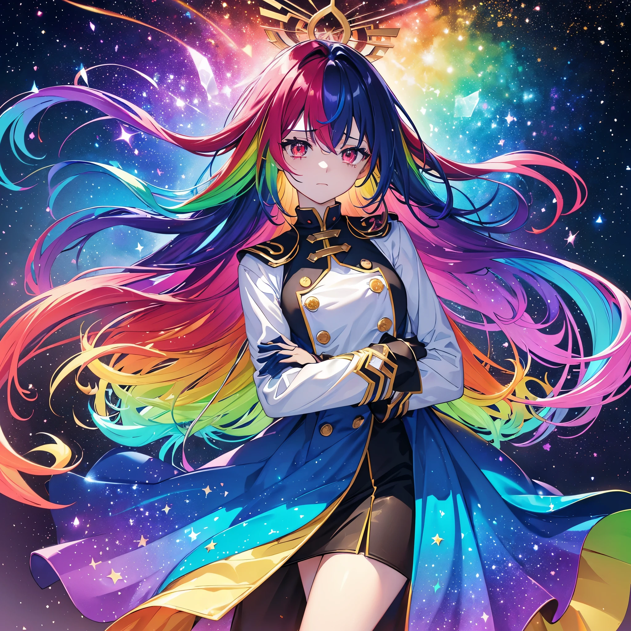 ((fantasía　pelo arcoiris　Haz que tu cabello tenga el color del arcoíris por dentro　pelo largo　ojos rojos apagados　tener una galaxia　uniform　Ponte un abrigo sin atravesarlo con los brazos.　solitario　desesperación))　((lágrimas　guantes))　(vidrio roto　Espacio-tiempo distorsionado　estrella)　atrapar el viento　caer　Fondo brillante　partículas de luz, bordes de colores del arco iris