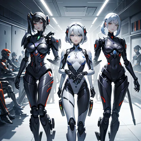 Multiple robot women, 
 They all have perfect human female faces..,
 Everything is mechanical except for the face.,
 Not everyon...
