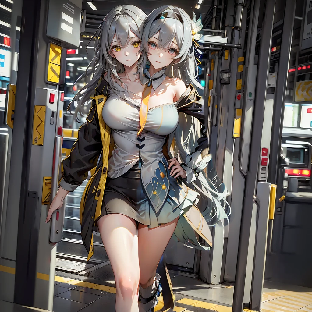 (masterpiece,best quality),best resolusion,1 girl,solo,Firefly character,long gray hair,gray eyes,use hair accessories,wearing a dress with a dominant color of light blue from the chest to the hips with black on the shoulders accompanied by gold patterns,Wearing a two-pronged orange tie,wearing footwear from thigh to toe with a dominant color of dark blue with a little white and gold patterns,normal breasts,beautiful face,beautiful hand, beautiful body,beautiful hair,beautiful eyes,beautiful leg,Colored,half colored