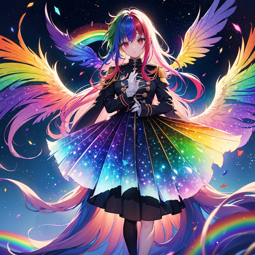 ((Fantasie　Regenbogenhaar　Verleihen Sie Ihrem Haar auf der Innenseite eine Regenbogenfarbe　lange Haare　Stumpfe rote Augen　Habe eine Galaxie　Uniform　Einen Mantel anziehen, ohne mit den Armen hindurchzustecken　Flügel, die um ein Vielfaches größer sind als ich　Einsam　verzweifeln))　((Tränen　Handschuhe))　(Glasscherben　Verzerrte Raumzeit　Stern)　Fasse den Wind　fall　Leuchtender Hintergrund　Lichtteilchen, regenbogenfarbene Kanten