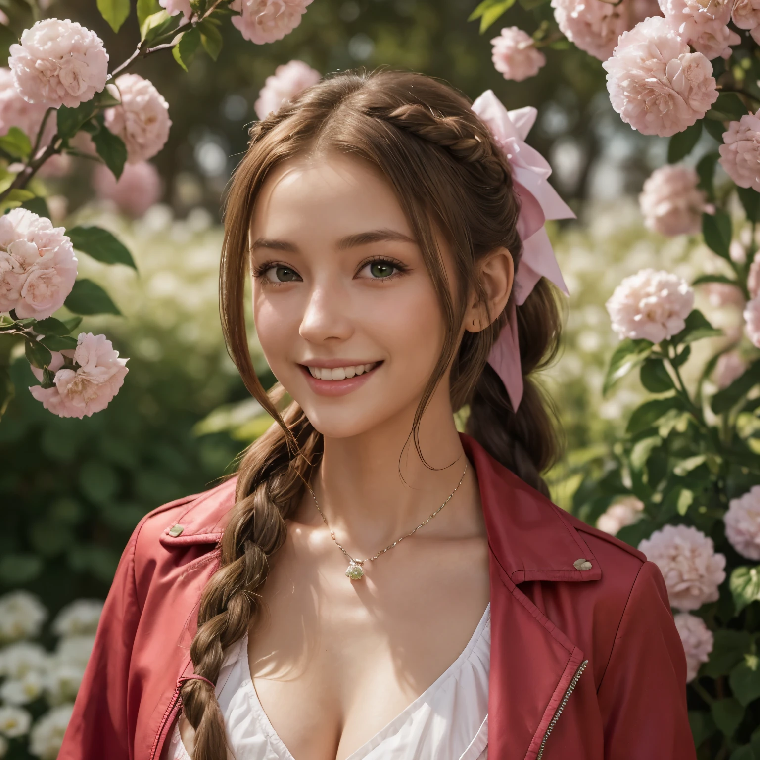 UHD, (masterpiece, highest quality), Aerith Gainsborough, (1 young beautiful girl, solo:1.1), (hair, long hair, brown hair, dutch hair, Braided ponytail), (Eyes, Big Eyes:1.2), (green Eyes:1.1), bow, ribbon, jewelry, necklace, (Breasts, (natural mid breasts:1.2)), hair ribbon, Braid, flower, hair bow, side lock, lips, parted lips, bracelet, (Jacket, Red Jacket, Open Jacket, short sleeve, cropped Jacket), (Dress, Long Dress, Pink color Dress), Depth of the bounds written, white flower, realistic, nose, cowboy shots, blossoming garden, Natural Light Portraits, smile, (happy smile:1.2)