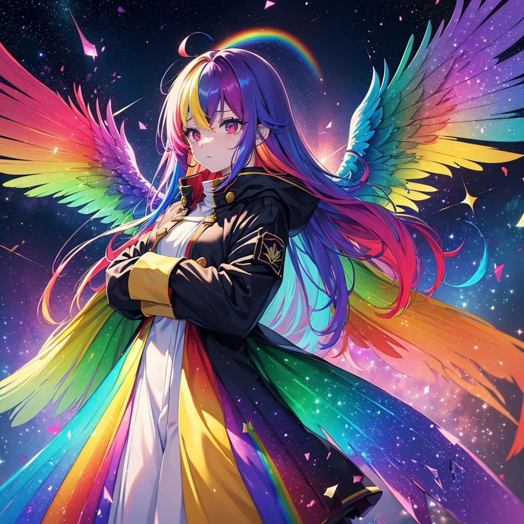 ((fantasía　pelo arcoiris　Haz que tu cabello tenga el color del arcoíris por dentro　pelo largo　ojos rojos apagados　tener una galaxia　uniform　Ponte un abrigo sin atravesarlo con los brazos.　Alas muchas veces más grandes que yo.　solitario　desesperación))　((lágrimas　guantes))　(vidrio roto　Espacio-tiempo distorsionado　estrella)　atrapar el viento　caer　Fondo brillante　partículas de luz, bordes de colores del arco iris