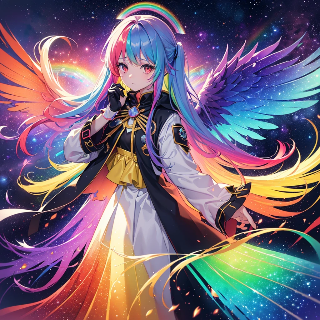 ((fantasía　pelo arcoiris　Haz que tu cabello tenga el color del arcoíris por dentro　pelo largo　ojos rojos apagados　tener una galaxia　uniform　Ponte un abrigo sin atravesarlo con los brazos.　Alas muchas veces más grandes que yo.　solitario　desesperación　llorar))　((lágrimas　guantes))　(vidrio roto　Espacio-tiempo distorsionado　estrella)　atrapar el viento　caer　Fondo brillante　partículas de luz, bordes de colores del arco iris