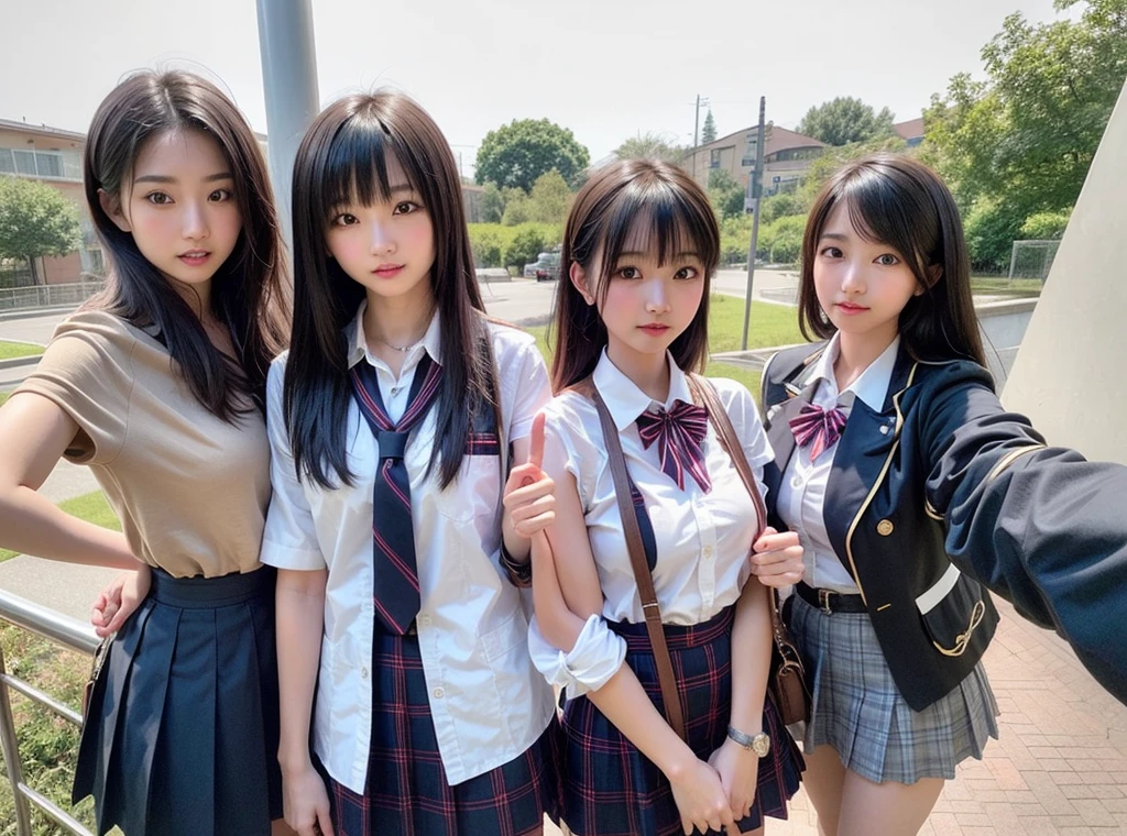 Four girls in uniform are taking a photo, seifuku, With index finger, 8k!, 8k!!, Happy!!!, 🚿🗝📝, SSAO8K, Japanese High School, JK Uniform, 4k Racepost, Post in 4K, Selfie in 8k, 4K!, 最high quality、high quality、Extremely detailed photos、Eye for detail、Super detailed face、Ultra-detailed hair、Ultra-detailed body、8k, Raw photo, masterpiece, High-resolution RAW color photos、Professional close-up photography, Realistic, Photorealism , 最high quality, Best Shadow, Best illustrations, Ultra-high resolution, High-resolution CG integrated physically based renderer, Perfect Anatomy ,The background is blurred , Physically Based Rendering、High Resolution, Browsing Caution, Perfect Legs、Perfect Fingers、Perfect hands、Perfect body、The beauty of symmetry、Beautiful symmetry、Beautiful Teeth、Beautiful Teeth alignment、Japanese people model、Perfect Face,cute, Cowboy Shot , Professional Lighting、1 Japanese girl,Slim face、乳首の谷間が最high quality、8k、masterpiece、Natural Makeup、Lip gloss、Exposed breasts、Open legs、Seductive posture、Bad Eyes、Big Breasts、She lifts her skirt to show off her vagina