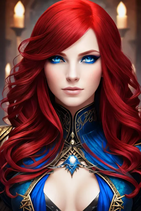 sorceress, scarlet hair, piercing blue eyes