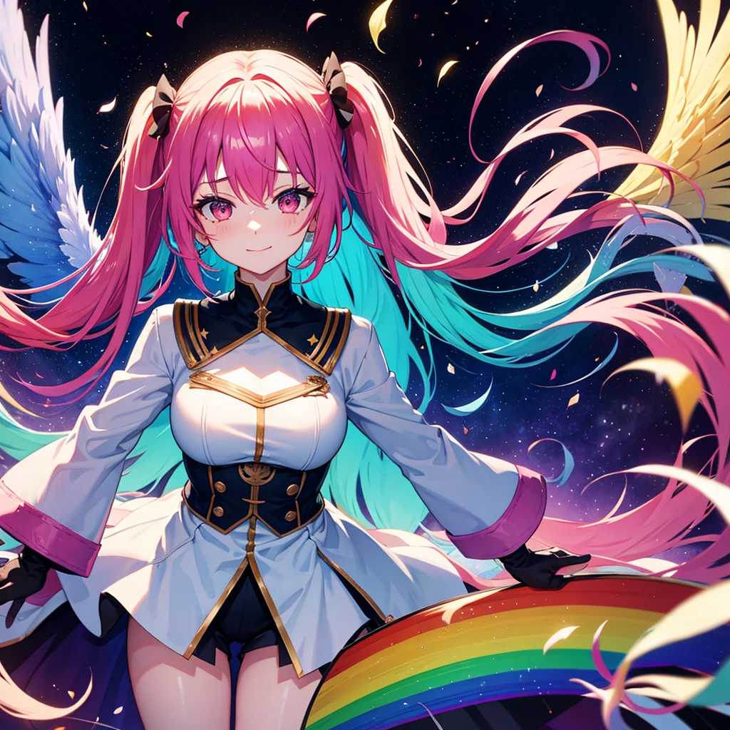 ((Fantasy　Rainbow Hair　Make your hair rainbow-colored on the inside　Twin tails　Dull red eyes　Have a galaxy　uniform　Put on a coat...