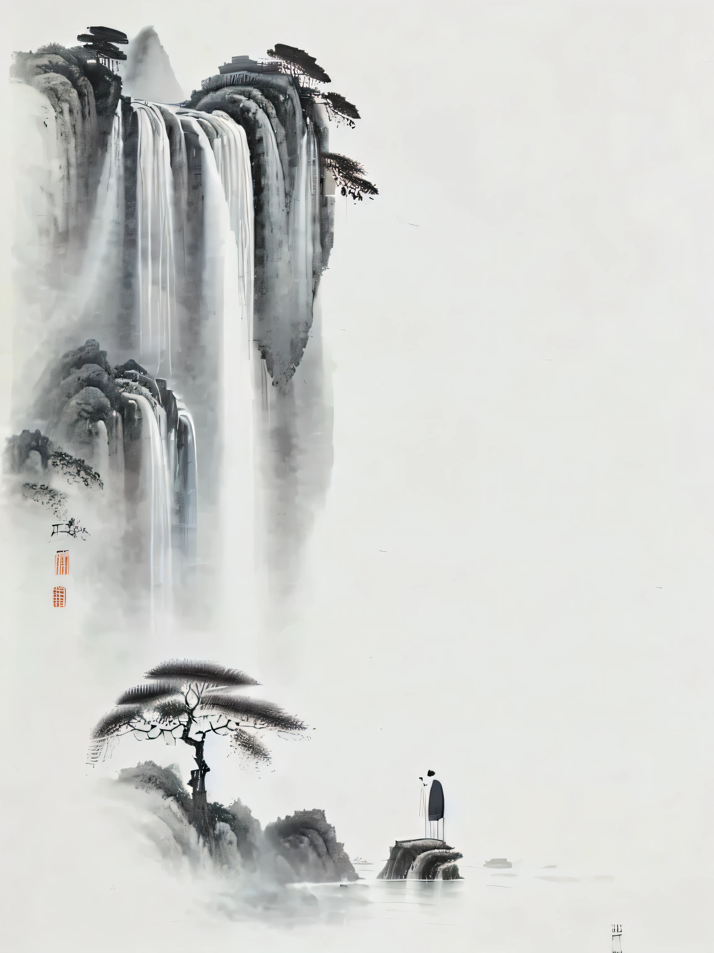 A man stands in front of a waterfall，There is a tree next to it, by Cheng Jiasui, Chinese painting style, There are trees and waterfalls, Chinese Ink Painting, author：Gong Xian, by Wu Zuoren, author：Xu Xi, by Dong Qichang, traditional Chinese Ink Painting, author：Wang Lu, by Qu Leilei, by Dai Jin, Chinese watercolor style