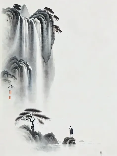 A man stands in front of a waterfall，There is a tree next to it, by Cheng Jiasui, Chinese painting style, There are trees and wa...