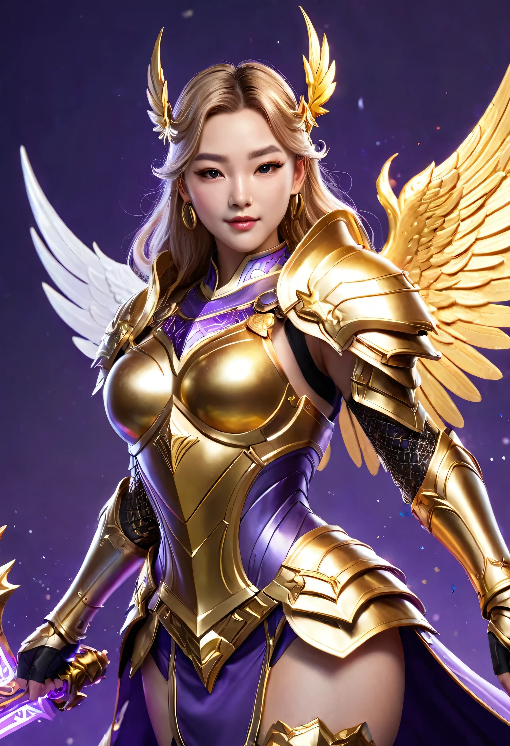 anime, a woman with a golden wings and a purple background, wear dress , inspired by Leona Wood, kda, irelia, artgerm lau, official splash art, orianna, mobile legends style, style artgerm, extremely detailed artgerm, brigitte, freya, portrait knights of zodiac girl, with full armor , ig model | artgerm