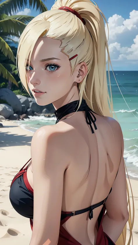 Yamanaka Ino anime seductive， 1girl ,Close-up shot，ssmile，Be red in the face，blond hairbl，Portrait photo，looks into camera，tmast...