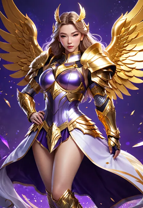 anime, a woman with a golden wings and a purple background, wear dress , inspired by Leona Wood, kda, irelia, artgerm lau, offic...