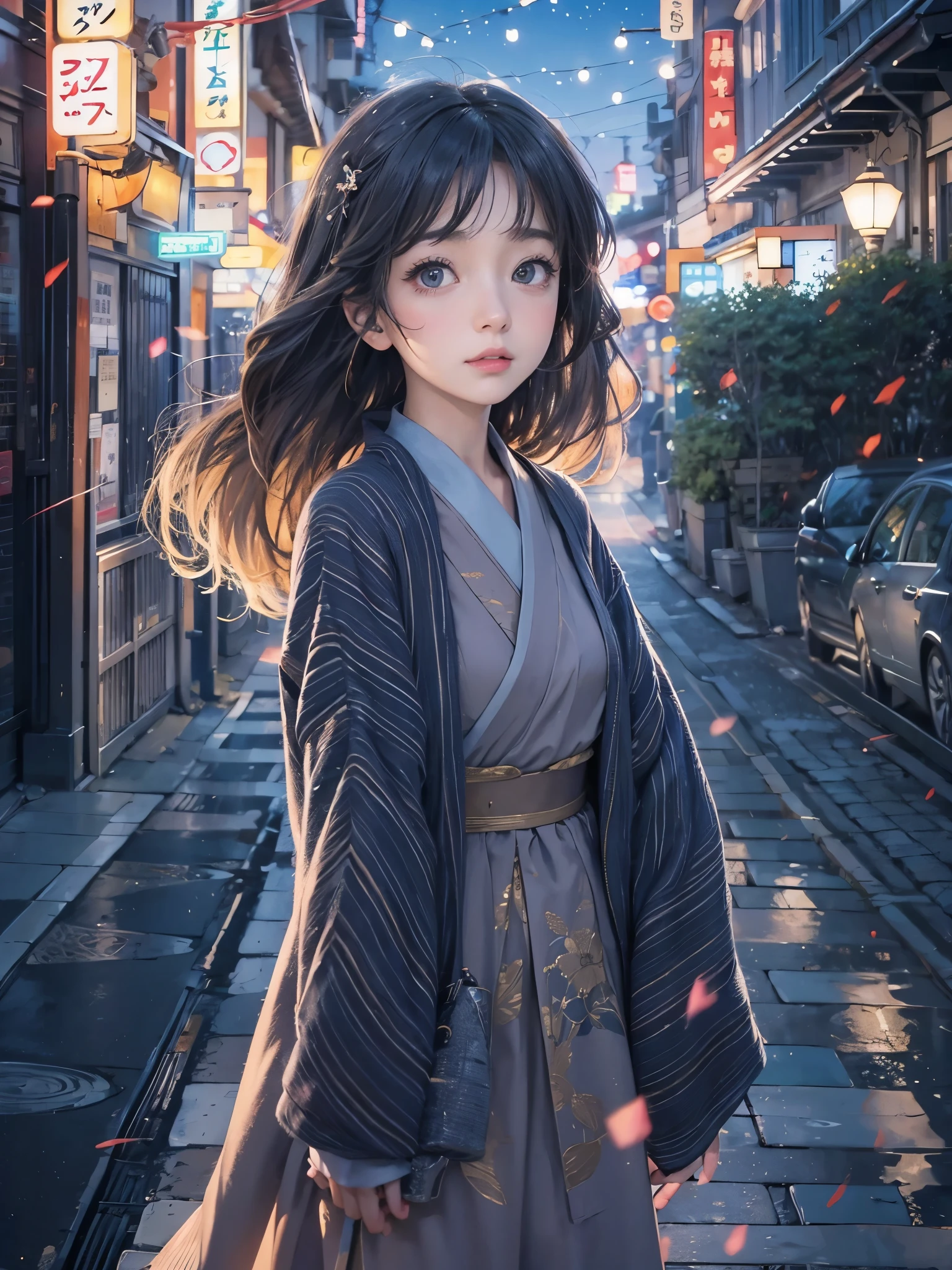 masterpiece, high resolution, illustration, kyoto animation style, your name is movie style, night, midnight, gentle light, bewitching light, (1 woman: 1.3), (solo: 1.6), long eyelashes, long wavy hair, nose_blush, closed_mouth, dynamic perspective, perspective, bokeh, depth_of_field, from_ eye level