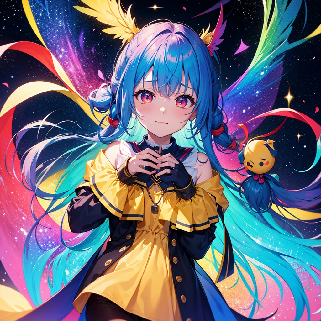 ((Fantasy　Rainbow Hair　Make your hair rainbow-colored on the inside　Twin tails　Dull red eyes　Have a galaxy　uniform　Put on a coat...