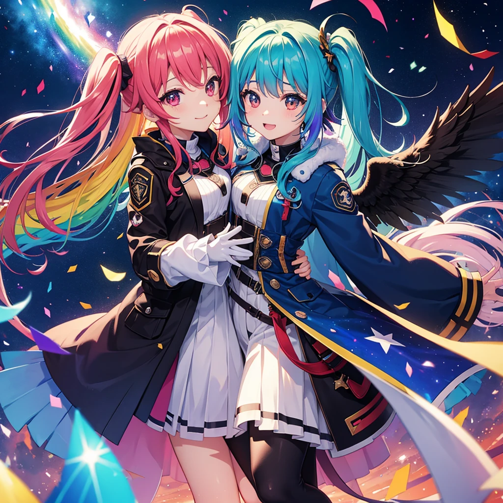 ((Fantasy　Rainbow Hair　Make your hair rainbow-colored on the inside　Twin tails　Dull red eyes　Have a galaxy　uniform　Put on a coat...