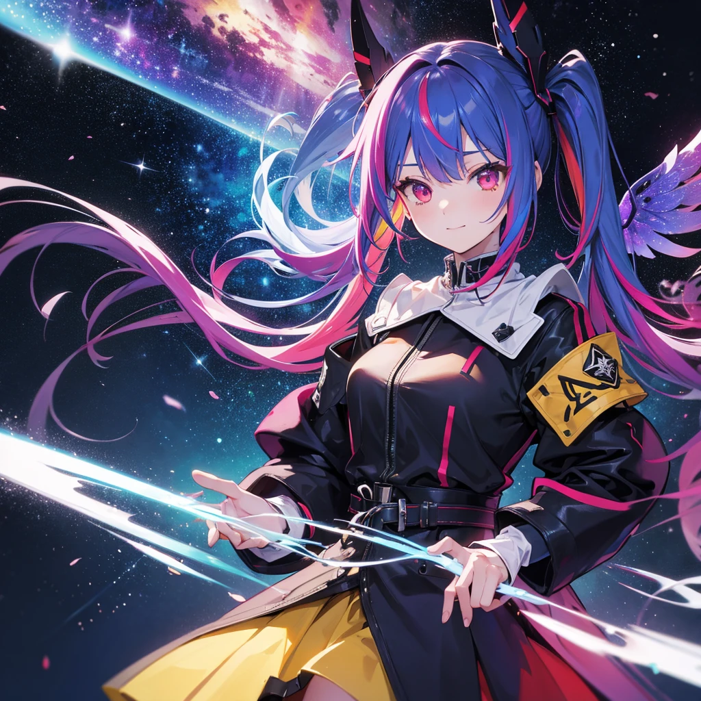 ((Fantasy　Rainbow Hair　Make your hair rainbow-colored on the inside　Twin tails　Dull red eyes　Have a galaxy　uniform　Put on a coat...