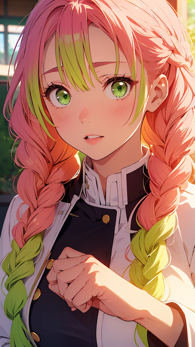Demon slayer corps uniform Mitsuri kanroji ,,pink hair with green ends, green eyes, warm golden tones, soft lighting, playful pose, confident expression, sun-kissed skin, flowing hair, mesmerizing gaze, alluring charm, vibrant colors, detailed textures 