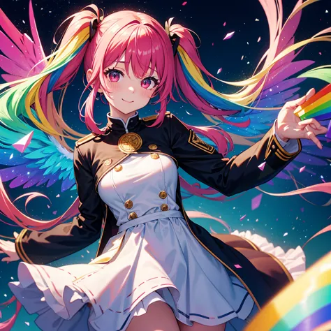 ((Fantasy　Rainbow Hair　Make your hair rainbow-colored on the inside　Twin tails　Dull red eyes　Have a galaxy　uniform　Put on a coat...