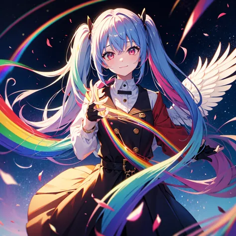((Fantasy　Rainbow Hair　Make your hair rainbow-colored on the inside　Twin tails　Dull red eyes　uniform　Put on a coat without putti...