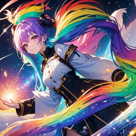 ((Fantasy　Rainbow Hair　Make your hair rainbow-colored on the inside　Twin tails　Dull red eyes　Have a galaxy　uniform　Put on a coat...