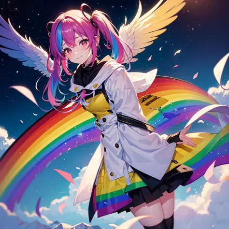 ((Fantasy　Rainbow Hair　Make your hair rainbow-colored on the inside　Twin tails　Dull red eyes　Have a galaxy　uniform　Put on a coat...