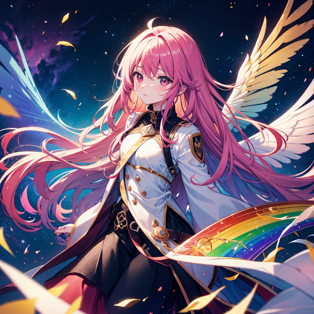 ((Fantasy　Rainbow Hair　Make your hair rainbow-colored on the inside　Long Hair　Dull red eyes　Have a galaxy　uniform　Put on a coat ...