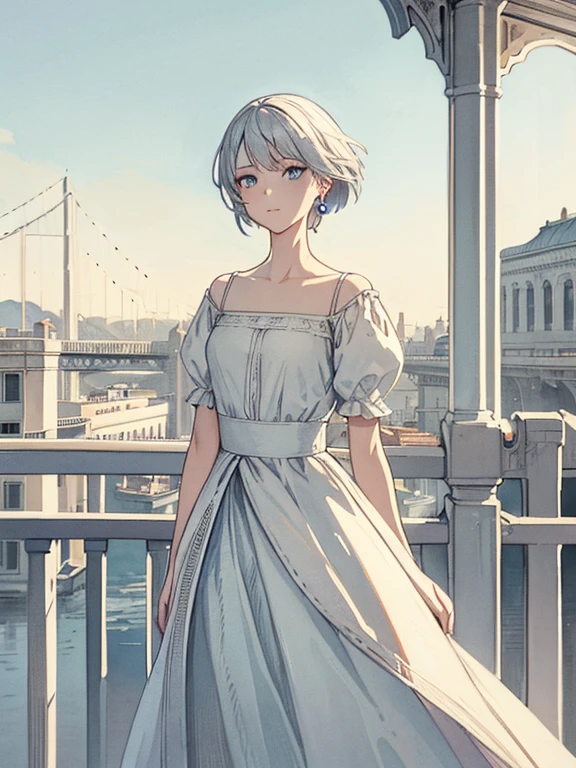 nice, masterpiece, highest quality, High resolution,,Woman standing on the roof, alone,Silver Hair, Small earrings,short hair, outside,Artistic,An illustration,Line art,Aqua Eye,morning,Best lighting,sun,casual, A woman wearing a ma1,Flat Chest,watercolor,Beautiful Face,expensive,Woman standing on a suspension bridge