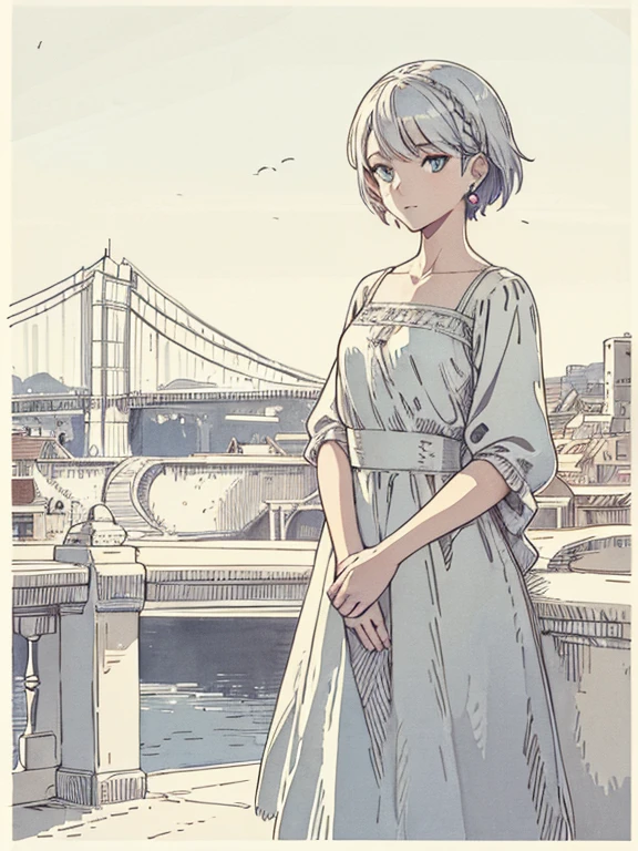 nice, masterpiece, highest quality, High resolution,,Woman standing on the roof, alone,Silver Hair, Small earrings,short hair, outside,Artistic,An illustration,Line art,Aqua Eye,morning,Best lighting,sun,casual, A woman wearing a ma1,Flat Chest,watercolor,Beautiful Face,expensive,Woman standing on a suspension bridge