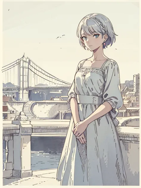 nice, masterpiece, highest quality, High resolution,,Woman standing on the roof, alone,Silver Hair, Small earrings,short hair, o...