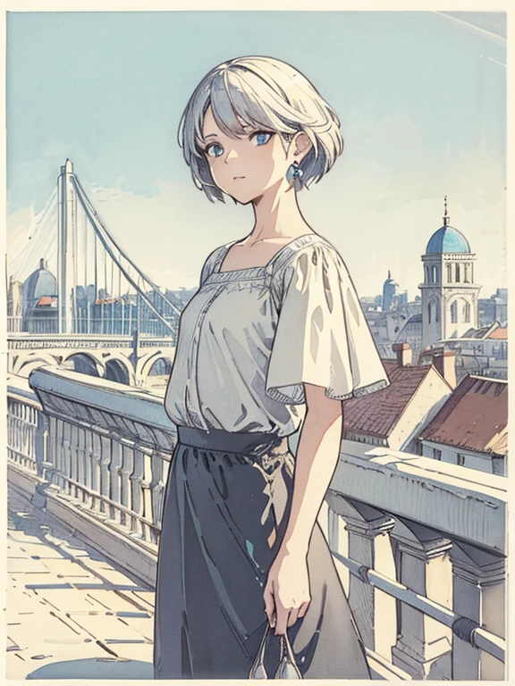 nice, masterpiece, highest quality, High resolution,,Woman standing on the roof, alone,Silver Hair, Small earrings,short hair, outside,Artistic,An illustration,Line art,Aqua Eye,morning,Best lighting,sun,casual, A woman wearing a ma1,Flat Chest,watercolor,Beautiful Face,expensive,Woman standing on a suspension bridge