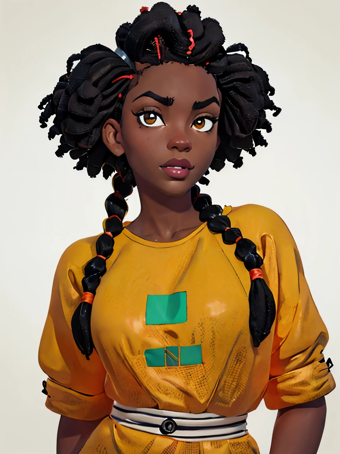 (best quality,4k,8k,highres,masterpiece:1.2), ultra-detailed, high detail classic cartoon artstyle, extremely attractive female, loose plait, 3:4 length portrait, african american, white background, street wear, colorful, vivid, bimbo aesthetic, dark skin