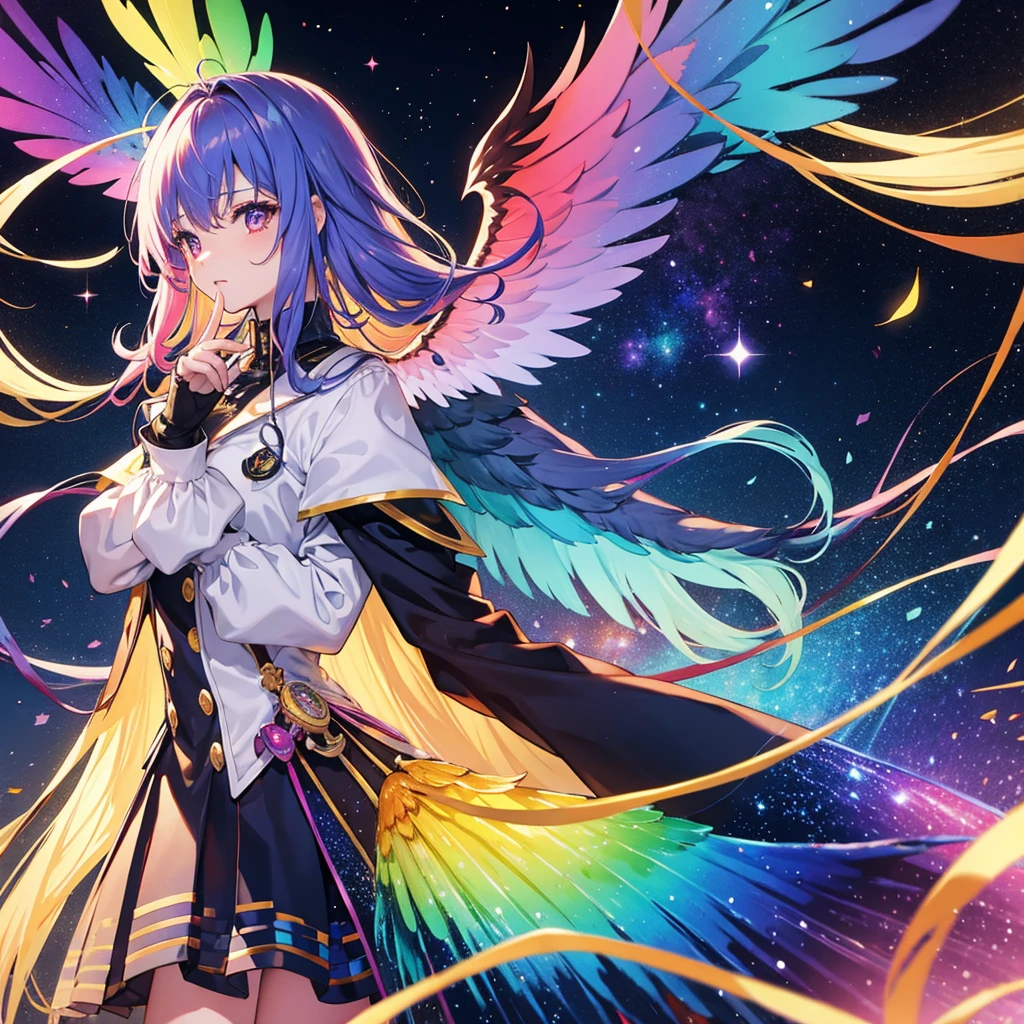 ((Fantasy　Rainbow Hair　Make your hair rainbow-colored on the inside　Long Hair　Dull red eyes　Have a galaxy　uniform　Put on a coat ...