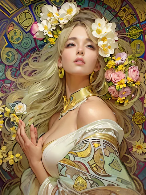 (8k, highest quality, masterpiece)，{Realistic, RAW Photos, Super Fine Clear, Portraiture, (Alphonse Mucha's style painting:1.6)}...