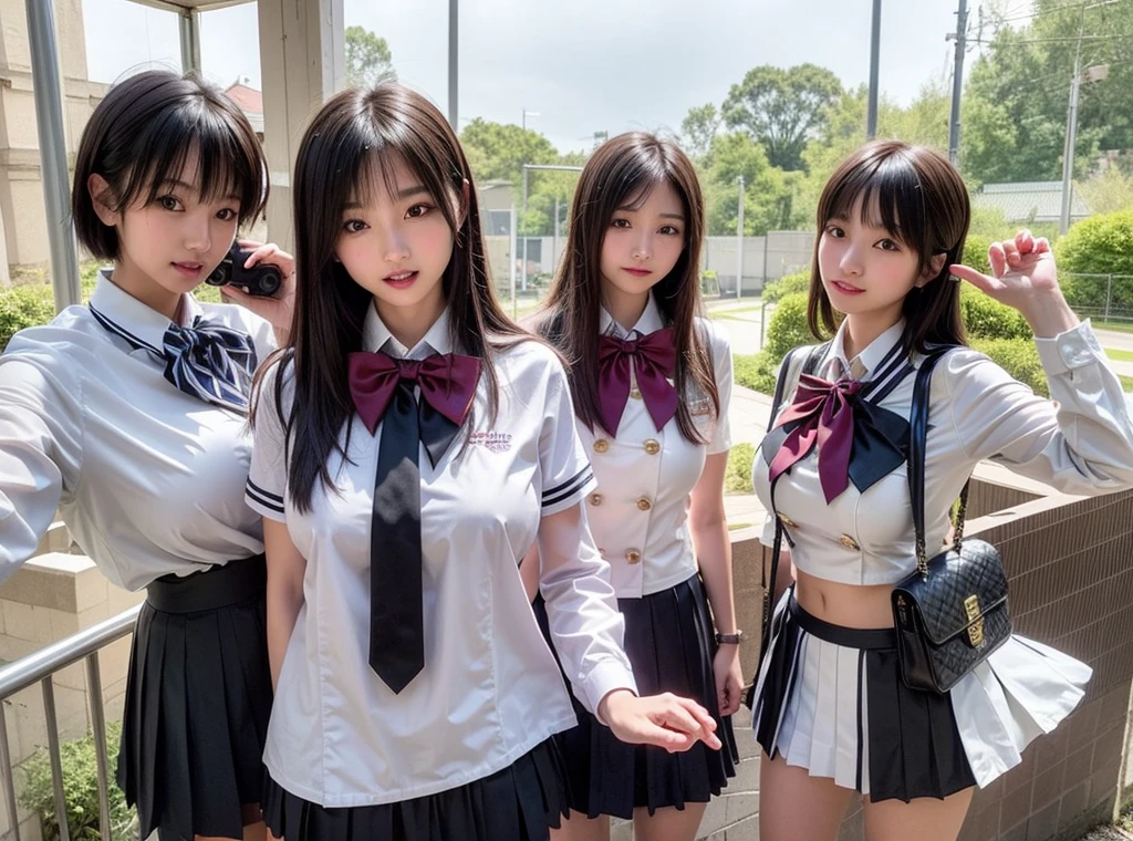 Four girls in uniform are taking a photo, seifuku, With index finger, 8k!, 8k!!, Happy!!!, 🚿🗝📝, SSAO8K, Japanese High School, JK Uniform, 4k Racepost, Post in 4K, Selfie in 8k, 4K!, 最high quality、high quality、Extremely detailed photos、Eye for detail、Super detailed face、Ultra-detailed hair、Ultra-detailed body、8k, Raw photo, masterpiece, High-resolution RAW color photos、Professional close-up photography, Realistic, Photorealism , 最high quality, Best Shadow, Best illustrations, Ultra-high resolution, High-resolution CG integrated physically based renderer, Perfect Anatomy ,The background is blurred , Physically Based Rendering、High Resolution, Browsing Caution, Perfect Legs、Perfect Fingers、Perfect hands、Perfect body、The beauty of symmetry、Beautiful symmetry、Beautiful Teeth、Beautiful Teeth alignment、Japanese people model、Perfect Face,cute, Cowboy Shot , Professional Lighting,Slim face、乳首の谷間が最high quality、8k、masterpiece、Natural Makeup、Lip gloss、Open legs、Seductive posture、Bad Eyes、((Big Breasts:2.0))、((She lifts her skirt to show off her vagina:2.0)),((Uniforms that emphasize the shape of the breasts:2.0))