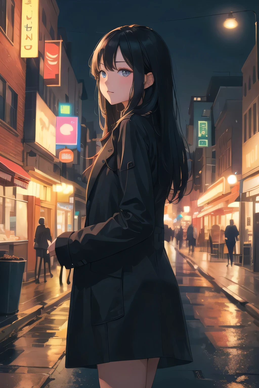 (masterpiece, Ultra-high resolution, highest quality:1.1), (Flat Color), One girl, alone, Teen, Cowboy Shot, (Depth of written boundary:1.2), (night), (Long coat), Downtown, (Street lights:1.1), (Great lighting), View your viewers, Black Hair, Long Hair, [smile], (Mouth closed)