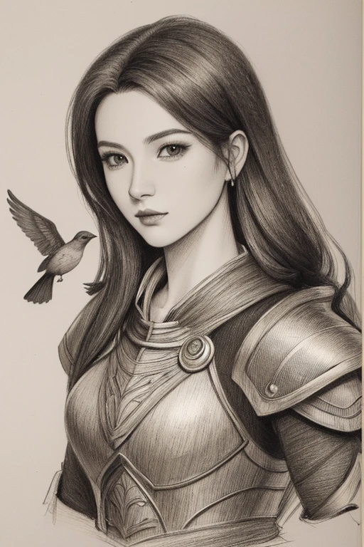 a drawing of a woman in armor with a sword and a bird, highly detailed exquisite fanart, video game fanart, pencil and ink manga drawing, portrait of a female mage, inspired by Barclay Shaw, inspired by Sakai Hōitsu, portrait of a dnd character, ink and pencil, inspired by Clyde Caldwell, inspired by Zoltan Boros