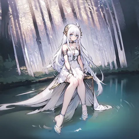 1 girl, white long hair, blue eyes, sitting in a creek, beautiful face, dragonian_head, dragonian_body, dragonian_hairstyle, dra...